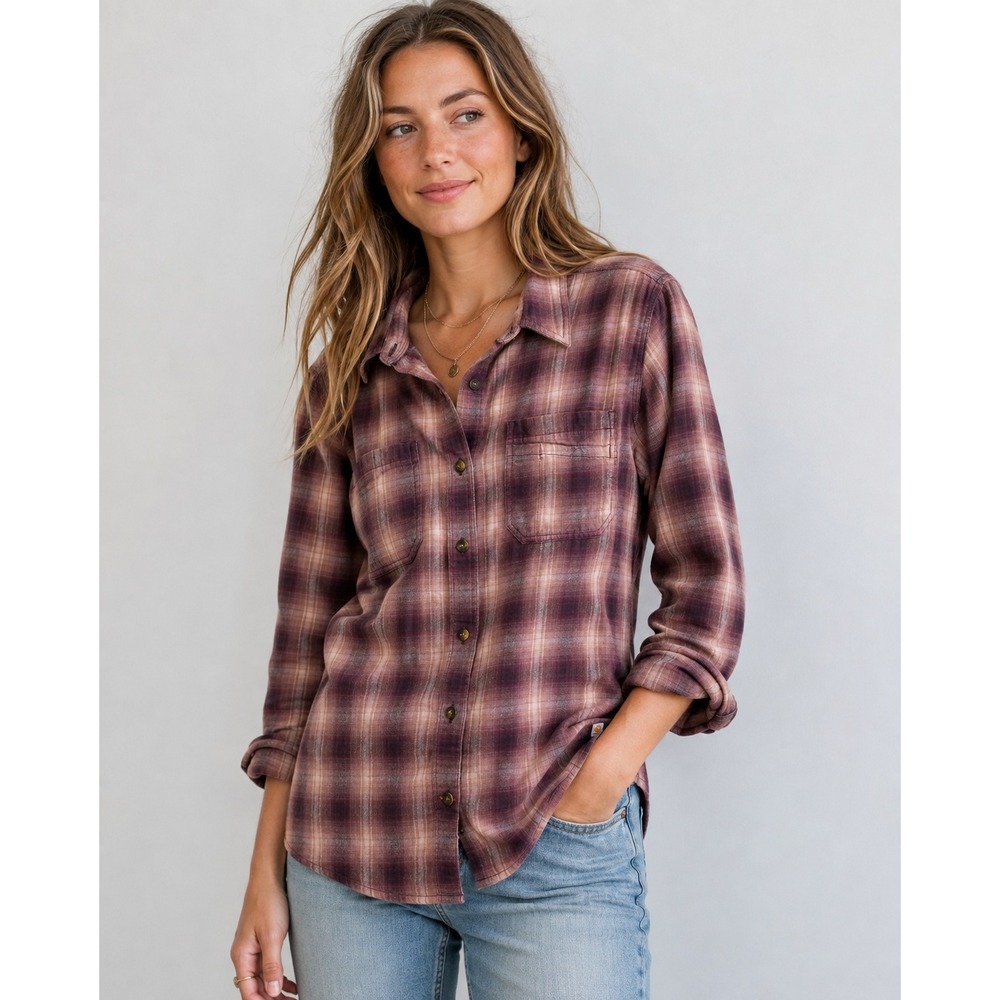 Carhartt Flannel Shirt Women Large Purple Plaid Button Down Workwear gorpcore